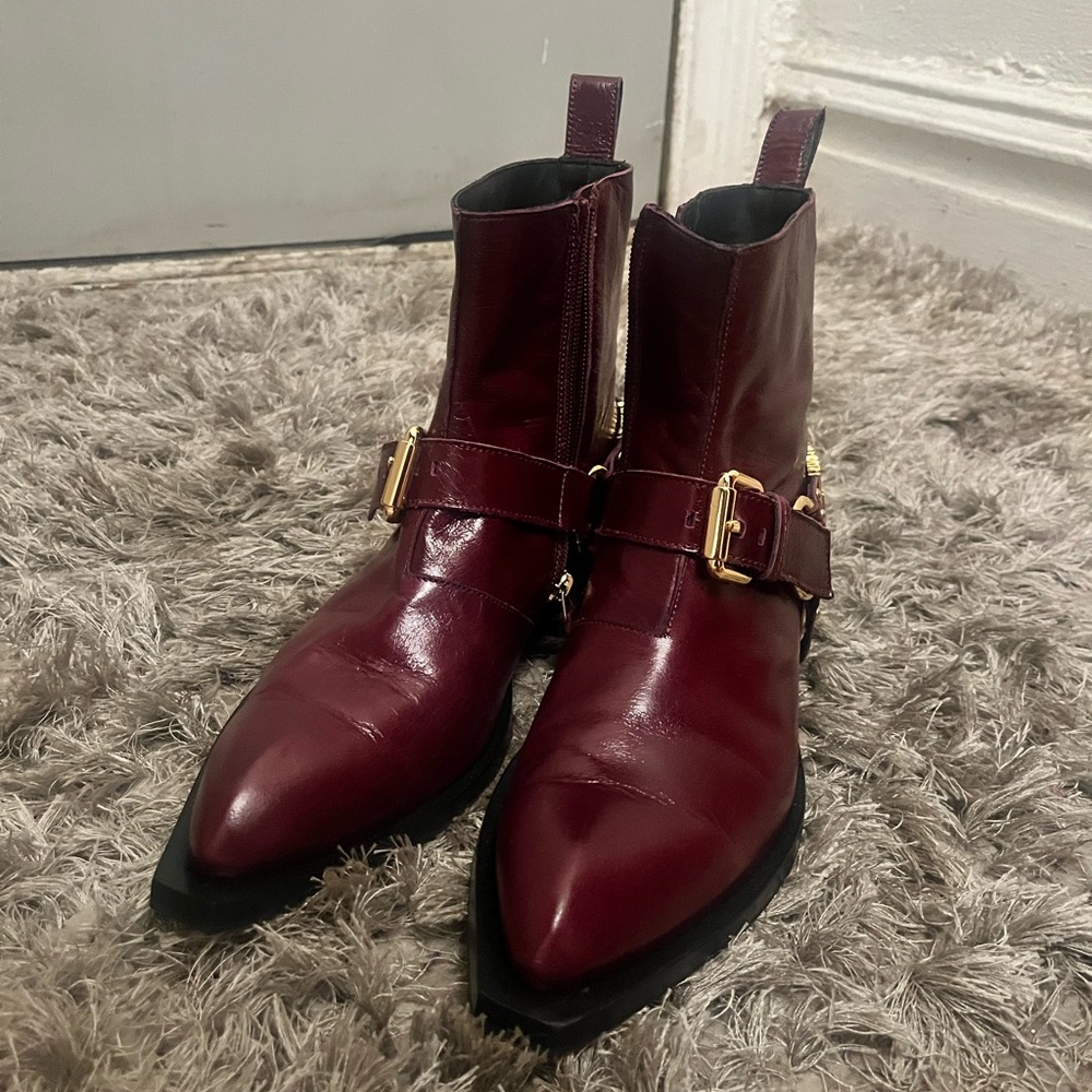 Moschino Maroon Ankle Boots with Gold Accents